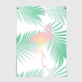 Постер с принтом Фламинго в джунглях в Тюмени, 100% бумага
 | бумага, плотность 150 мг. Матовая, но за счет высокого коэффициента гладкости имеет небольшой блеск и дает на свету блики, но в отличии от глянцевой бумаги не покрыта лаком | арт | джунгли | лес | леса | пальма | пальмы | папоротник | розовый фламинго | фламинго