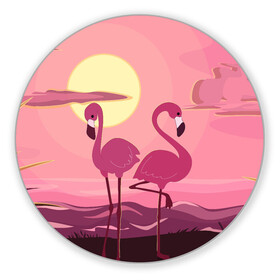 Коврик для мышки круглый с принтом фламинго в Тюмени, резина и полиэстер | круглая форма, изображение наносится на всю лицевую часть | flamingo | pink | арт | животные | искусство | картина | пейзаж | природа | пруд | рисунок | розовый | фламинго