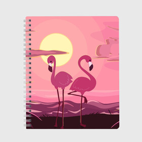 Тетрадь с принтом фламинго в Тюмени, 100% бумага | 48 листов, плотность листов — 60 г/м2, плотность картонной обложки — 250 г/м2. Листы скреплены сбоку удобной пружинной спиралью. Уголки страниц и обложки скругленные. Цвет линий — светло-серый
 | flamingo | pink | арт | животные | искусство | картина | пейзаж | природа | пруд | рисунок | розовый | фламинго
