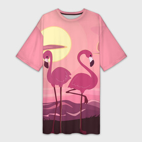 Платье-футболка 3D с принтом фламинго в Тюмени,  |  | flamingo | pink | арт | животные | искусство | картина | пейзаж | природа | пруд | рисунок | розовый | фламинго