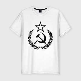 Мужская футболка хлопок Slim с принтом СССР в Тюмени, 92% хлопок, 8% лайкра | приталенный силуэт, круглый вырез ворота, длина до линии бедра, короткий рукав | венки | венок | герб | гербы | звезда | звёзды | коммунизм | коммунист | коммунисты | молот | молоты | серп | серпы | символ | символы | советский союз | ссср