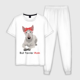 Мужская пижама хлопок с принтом Bull terrier Mom в Тюмени, 100% хлопок | брюки и футболка прямого кроя, без карманов, на брюках мягкая резинка на поясе и по низу штанин
 | бультерьер | собака | собачник