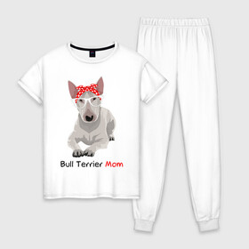 Женская пижама хлопок с принтом Bull terrier Mom в Тюмени, 100% хлопок | брюки и футболка прямого кроя, без карманов, на брюках мягкая резинка на поясе и по низу штанин | Тематика изображения на принте: бультерьер | собака | собачник