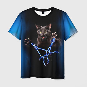 Мужская футболка 3D с принтом Грозовой кошак(громовержец) в Тюмени, 100% полиэфир | прямой крой, круглый вырез горловины, длина до линии бедер | грозовой | громовержец | кот | кошак | молнии | разряды | черный