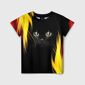 Детская футболка 3D с принтом Грозовой кошак в Тюмени, 100% гипоаллергенный полиэфир | прямой крой, круглый вырез горловины, длина до линии бедер, чуть спущенное плечо, ткань немного тянется | глаза | грозовой | кот | кошак | молнии | пламя | разряды | черный