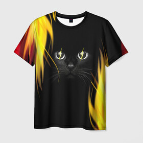 Мужская футболка 3D с принтом Грозовой кошак в Тюмени, 100% полиэфир | прямой крой, круглый вырез горловины, длина до линии бедер | глаза | грозовой | кот | кошак | молнии | пламя | разряды | черный