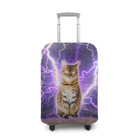 Чехол для чемодана 3D с принтом Котушка Теслы в Тюмени, 86% полиэфир, 14% спандекс | двустороннее нанесение принта, прорези для ручек и колес | cat | lightning | lightning cat | tesla | арт с котом | грозовой кошак | катушка теслы | кот | кот мем | котейка | котушка теслы | котяра | кошак | кошка | мем с котом | молнии | тесла