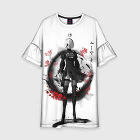 Детское платье 3D с принтом 2B Ink Sakura dawn в Тюмени, 100% полиэстер | прямой силуэт, чуть расширенный к низу. Круглая горловина, на рукавах — воланы | 2a | 2b | 9s | andoird | ink | japanese | kanji | nier automata | nuar | sakura | yohra | андроид | кандзи | нуар | сакура | чернила | япония