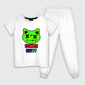 Детская пижама хлопок с принтом Zombie Kitty в Тюмени, 100% хлопок |  брюки и футболка прямого кроя, без карманов, на брюках мягкая резинка на поясе и по низу штанин
 | Тематика изображения на принте: зомби | каваи | кислота | кот | котик | кошка | милый | монстр | пиксельный арт | радуга | яркий