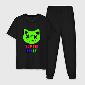 Мужская пижама хлопок с принтом Zombie Kitty в Тюмени, 100% хлопок | брюки и футболка прямого кроя, без карманов, на брюках мягкая резинка на поясе и по низу штанин
 | Тематика изображения на принте: зомби | каваи | кислота | кот | котик | кошка | милый | монстр | пиксельный арт | радуга | яркий