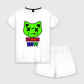Женская пижама с шортиками хлопок с принтом Zombie Kitty в Тюмени, 100% хлопок | футболка прямого кроя, шорты свободные с широкой мягкой резинкой | зомби | каваи | кислота | кот | котик | кошка | милый | монстр | пиксельный арт | радуга | яркий