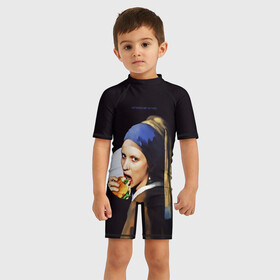 Детский купальный костюм 3D с принтом Het meisje met de parel в Тюмени, Полиэстер 85%, Спандекс 15% | застежка на молнии на спине | бургер | девушка с жемчужиной | девушка с жемчужной серёжкой | картина | мара | руни мара | серёжка | ян вермеер