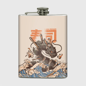 Фляга с принтом Sushi dragon в Тюмени, металлический корпус | емкость 0,22 л, размер 125 х 94 мм. Виниловая наклейка запечатывается полностью | волны | дракон | суши | суши дракон | японские волны | японский дракон