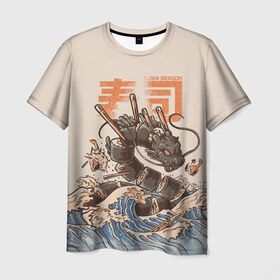 Мужская футболка 3D с принтом Sushi dragon в Тюмени, 100% полиэфир | прямой крой, круглый вырез горловины, длина до линии бедер | волны | дракон | суши | суши дракон | японские волны | японский дракон