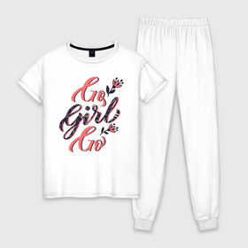 Женская пижама хлопок с принтом Go Girl Go в Тюмени, 100% хлопок | брюки и футболка прямого кроя, без карманов, на брюках мягкая резинка на поясе и по низу штанин | 8 марта | fem | feminism | feminist | девочки | девушки | женщины | феминизм | феминист | фемистка