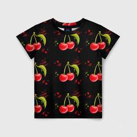 Детская футболка 3D с принтом Вишенки в Тюмени, 100% гипоаллергенный полиэфир | прямой крой, круглый вырез горловины, длина до линии бедер, чуть спущенное плечо, ткань немного тянется | брызги | вишня | красный | сочно | ягода