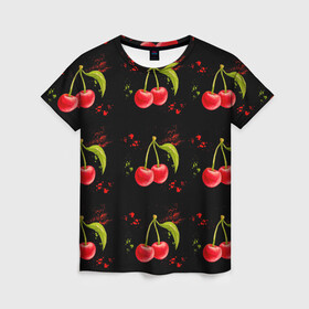 Женская футболка 3D с принтом Вишенки в Тюмени, 100% полиэфир ( синтетическое хлопкоподобное полотно) | прямой крой, круглый вырез горловины, длина до линии бедер | брызги | вишня | красный | сочно | ягода