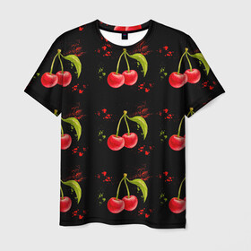 Мужская футболка 3D с принтом Вишенки в Тюмени, 100% полиэфир | прямой крой, круглый вырез горловины, длина до линии бедер | брызги | вишня | красный | сочно | ягода