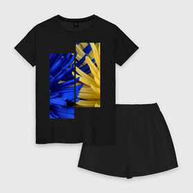 Женская пижама с шортиками хлопок с принтом Украинский акцент в Тюмени, 100% хлопок | футболка прямого кроя, шорты свободные с широкой мягкой резинкой | Тематика изображения на принте: жёлтый | намёк | пионы | синий | украина | украинский флаг | флаг | цвет | цвет флага | цветы