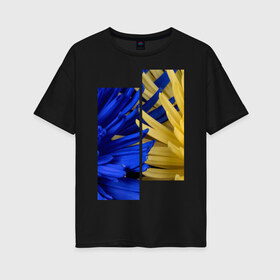 Женская футболка хлопок Oversize с принтом Украинский акцент в Тюмени, 100% хлопок | свободный крой, круглый ворот, спущенный рукав, длина до линии бедер
 | жёлтый | намёк | пионы | синий | украина | украинский флаг | флаг | цвет | цвет флага | цветы