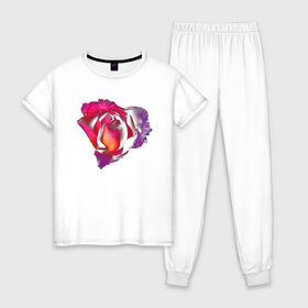Женская пижама хлопок с принтом Бутон в Тюмени, 100% хлопок | брюки и футболка прямого кроя, без карманов, на брюках мягкая резинка на поясе и по низу штанин | бутон | лепескти | роза | розы | цветок | цветы