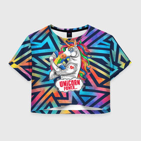 Женская футболка Crop-top 3D с принтом Unicorn Power Единорог в Тюмени, 100% полиэстер | круглая горловина, длина футболки до линии талии, рукава с отворотами | Тематика изображения на принте: gym | unicorn power | бицепс | единорог | качок | конь | копыта | лошадь | радуга | радужная | рог