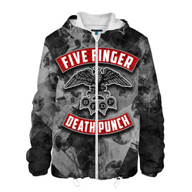 Мужская куртка 3D с принтом Five Finger Death Punch в Тюмени, ткань верха — 100% полиэстер, подклад — флис | прямой крой, подол и капюшон оформлены резинкой с фиксаторами, два кармана без застежек по бокам, один большой потайной карман на груди. Карман на груди застегивается на липучку | Тематика изображения на принте: 5fdp | death | ffdp | finger | five | five finger death punch | punch | грув метал