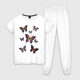 Женская пижама хлопок с принтом Бабочки в Тюмени, 100% хлопок | брюки и футболка прямого кроя, без карманов, на брюках мягкая резинка на поясе и по низу штанин | бабочка | весна | девушкам | красота | лето | мотылек | разноцветная бабочка | цветная