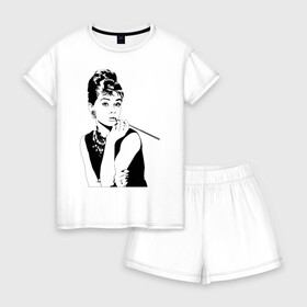 Женская пижама с шортиками хлопок с принтом Одри Хепберн(хлопок) в Тюмени, 100% хлопок | футболка прямого кроя, шорты свободные с широкой мягкой резинкой | 8 марта | актриса | девушка | завтрак у тиффани | красивая | любимая | одри хепберн | подарок | сабрина | танцовщица