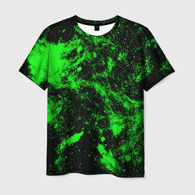 Мужская футболка 3D с принтом Зелёная краска в Тюмени, 100% полиэфир | прямой крой, круглый вырез горловины, длина до линии бедер | абстракция | брызги | зеленый | кислотный | краска | чёрный | яркий