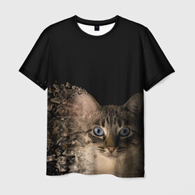 Мужская футболка 3D с принтом Disintegrating Cat в Тюмени, 100% полиэфир | прямой крой, круглый вырез горловины, длина до линии бедер | cat | азулес | атомный кот | голубоглазая кошка | голубоглазый кот | голубоглазый котик | кот | кот к | кот распадающийся на атомы | кот с голубыми глазами | котик | котэ | кошак | кошачий портрет