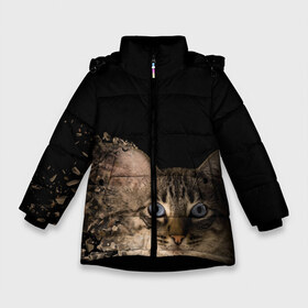 Зимняя куртка для девочек 3D с принтом Disintegrating Cat в Тюмени, ткань верха — 100% полиэстер; подклад — 100% полиэстер, утеплитель — 100% полиэстер. | длина ниже бедра, удлиненная спинка, воротник стойка и отстегивающийся капюшон. Есть боковые карманы с листочкой на кнопках, утяжки по низу изделия и внутренний карман на молнии. 

Предусмотрены светоотражающий принт на спинке, радужный светоотражающий элемент на пуллере молнии и на резинке для утяжки. | Тематика изображения на принте: cat | азулес | атомный кот | голубоглазая кошка | голубоглазый кот | голубоглазый котик | кот | кот к | кот распадающийся на атомы | кот с голубыми глазами | котик | котэ | кошак | кошачий портрет