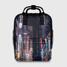 Женский рюкзак 3D с принтом Ночной Токио в Тюмени, 100% полиэстер | лямки с регулируемой длиной, сверху ручки, чтобы рюкзак нести как сумку. Основное отделение закрывается на молнию, как и внешний карман. Внутри два дополнительных кармана, один из которых закрывается на молнию. По бокам два дополнительных кармашка, куда поместится маленькая бутылочка
 | Тематика изображения на принте: город | города | дома | здания | иероглифы | надписи | небо | неон | ночь | огни | страны | сумерки | улица | фонари | япония