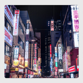 Магнитный плакат 3Х3 с принтом Ночной Токио в Тюмени, Полимерный материал с магнитным слоем | 9 деталей размером 9*9 см | Тематика изображения на принте: город | города | дома | здания | иероглифы | надписи | небо | неон | ночь | огни | страны | сумерки | улица | фонари | япония