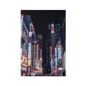 Обложка для паспорта матовая кожа с принтом Ночной Токио в Тюмени, натуральная матовая кожа | размер 19,3 х 13,7 см; прозрачные пластиковые крепления | город | города | дома | здания | иероглифы | надписи | небо | неон | ночь | огни | страны | сумерки | улица | фонари | япония