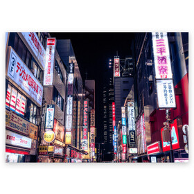 Поздравительная открытка с принтом Ночной Токио в Тюмени, 100% бумага | плотность бумаги 280 г/м2, матовая, на обратной стороне линовка и место для марки
 | город | города | дома | здания | иероглифы | надписи | небо | неон | ночь | огни | страны | сумерки | улица | фонари | япония