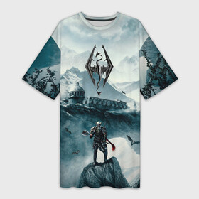 Платье-футболка 3D с принтом Skyrim Warrior в Тюмени,  |  | game | skyrim | warrior | воин | горы | игра | небо | птицы | рпг | скайрим | снег
