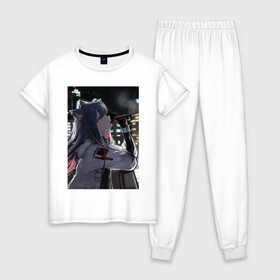 Женская пижама хлопок с принтом MOOD в Тюмени, 100% хлопок | брюки и футболка прямого кроя, без карманов, на брюках мягкая резинка на поясе и по низу штанин | anime | art | city | girl | night | аниме | арт | город | девушка | ночь
