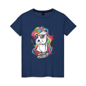 Женская футболка хлопок с принтом Единорог хипстер в Тюмени, 100% хлопок | прямой крой, круглый вырез горловины, длина до линии бедер, слегка спущенное плечо | hipstern | horse | unicorn | единорог | лошадь | пони | радуга | разноцветная | хипстер
