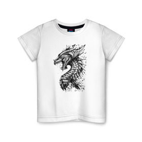 Детская футболка хлопок с принтом Китайский дракон арт в Тюмени, 100% хлопок | круглый вырез горловины, полуприлегающий силуэт, длина до линии бедер | арт | динозавр | дракон | дракон арт | драконий рев | зубы | китайский дракон | китайский дракон арт | клыки | крутой дракон | оскал | рев | серый | черно белый | чешуя | ящерица