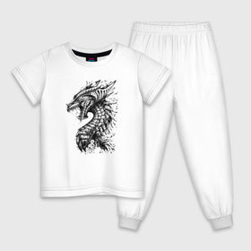 Детская пижама хлопок с принтом Китайский дракон арт в Тюмени, 100% хлопок |  брюки и футболка прямого кроя, без карманов, на брюках мягкая резинка на поясе и по низу штанин
 | арт | динозавр | дракон | дракон арт | драконий рев | зубы | китайский дракон | китайский дракон арт | клыки | крутой дракон | оскал | рев | серый | черно белый | чешуя | ящерица