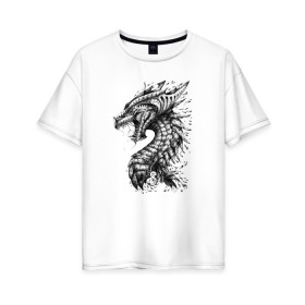 Женская футболка хлопок Oversize с принтом Китайский дракон арт в Тюмени, 100% хлопок | свободный крой, круглый ворот, спущенный рукав, длина до линии бедер
 | арт | динозавр | дракон | дракон арт | драконий рев | зубы | китайский дракон | китайский дракон арт | клыки | крутой дракон | оскал | рев | серый | черно белый | чешуя | ящерица