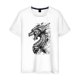Мужская футболка хлопок с принтом Китайский дракон арт в Тюмени, 100% хлопок | прямой крой, круглый вырез горловины, длина до линии бедер, слегка спущенное плечо. | Тематика изображения на принте: арт | динозавр | дракон | дракон арт | драконий рев | зубы | китайский дракон | китайский дракон арт | клыки | крутой дракон | оскал | рев | серый | черно белый | чешуя | ящерица