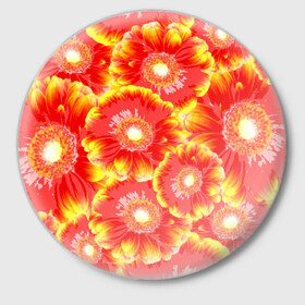 Значок с принтом Цветы в Тюмени,  металл | круглая форма, металлическая застежка в виде булавки | 8 марта | букет | красно желтые цветы | хризантемы | цветы