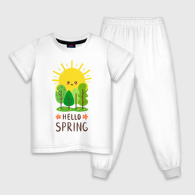 Детская пижама хлопок с принтом Hello Spring в Тюмени, 100% хлопок |  брюки и футболка прямого кроя, без карманов, на брюках мягкая резинка на поясе и по низу штанин
 | Тематика изображения на принте: 2020 | арт | весна | деревья | лес | солнце | солнышко | цветы