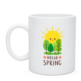 Кружка с принтом Hello Spring в Тюмени, керамика | объем — 330 мл, диаметр — 80 мм. Принт наносится на бока кружки, можно сделать два разных изображения | Тематика изображения на принте: 2020 | арт | весна | деревья | лес | солнце | солнышко | цветы