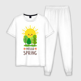 Мужская пижама хлопок с принтом Hello Spring в Тюмени, 100% хлопок | брюки и футболка прямого кроя, без карманов, на брюках мягкая резинка на поясе и по низу штанин
 | 2020 | арт | весна | деревья | лес | солнце | солнышко | цветы