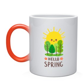 Кружка хамелеон с принтом Hello Spring в Тюмени, керамика | меняет цвет при нагревании, емкость 330 мл | 2020 | арт | весна | деревья | лес | солнце | солнышко | цветы