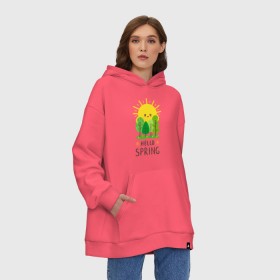 Худи SuperOversize хлопок с принтом Hello Spring в Тюмени, 70% хлопок, 30% полиэстер, мягкий начес внутри | карман-кенгуру, эластичная резинка на манжетах и по нижней кромке, двухслойный капюшон
 | 2020 | арт | весна | деревья | лес | солнце | солнышко | цветы