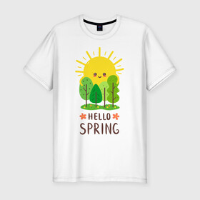 Мужская футболка хлопок Slim с принтом Hello Spring в Тюмени, 92% хлопок, 8% лайкра | приталенный силуэт, круглый вырез ворота, длина до линии бедра, короткий рукав | 2020 | арт | весна | деревья | лес | солнце | солнышко | цветы